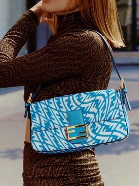 Fendi Blue and White Logo-Print Shoulder Bag